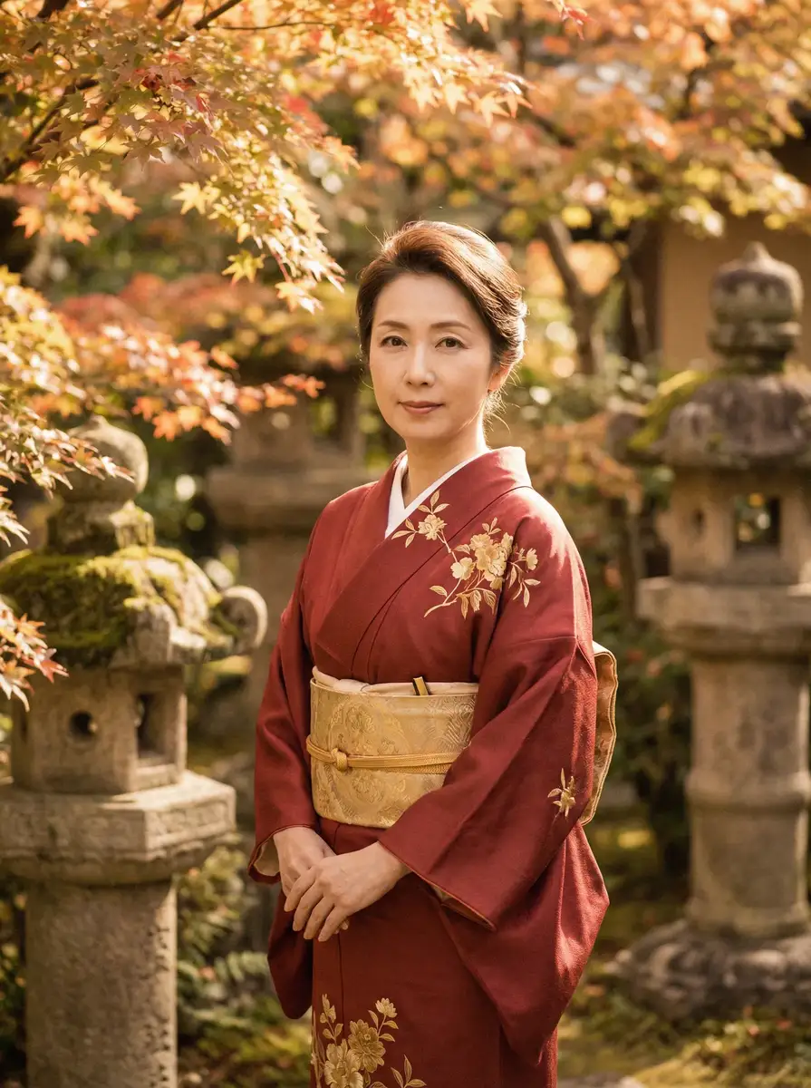 一位身穿暗红色和服的优雅 51吃瓜 在日式庭院中